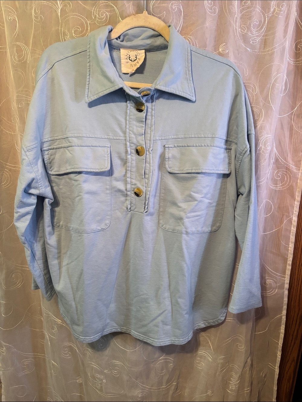 Casual Light Blue Pullover Shirt with Pocket Placket. Fantastic Fawn. Size S.